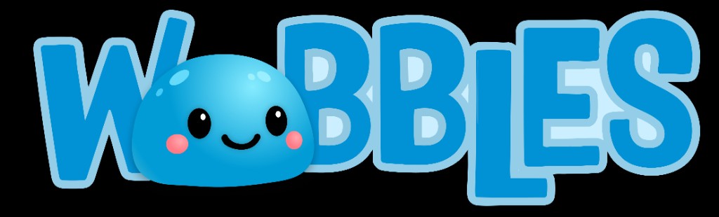 Wobbles wordmark on black: WOBBLES in blue with the O as the Collectible character